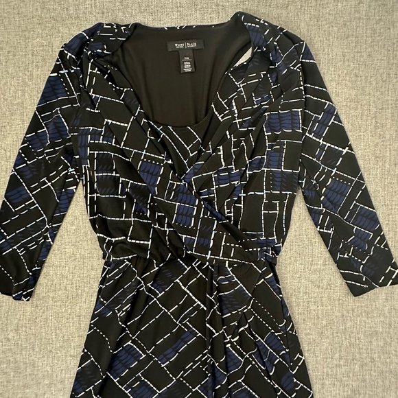 White House Black Market Faux Wrap Dress XXS Black Blue White Elastic Waist - Picture 3 of 12